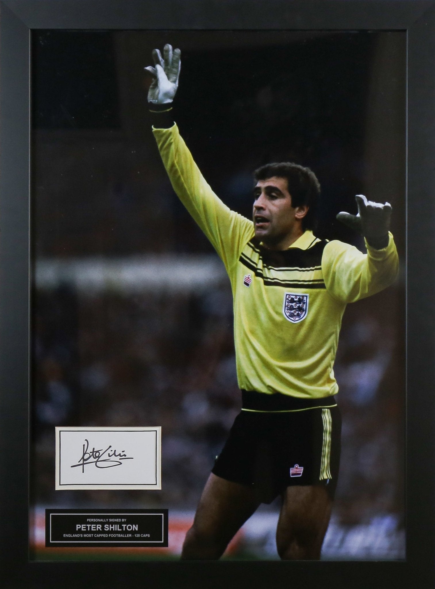 Peter Shilton England Signed White card Framed Display - Memorabilia Framers Shop